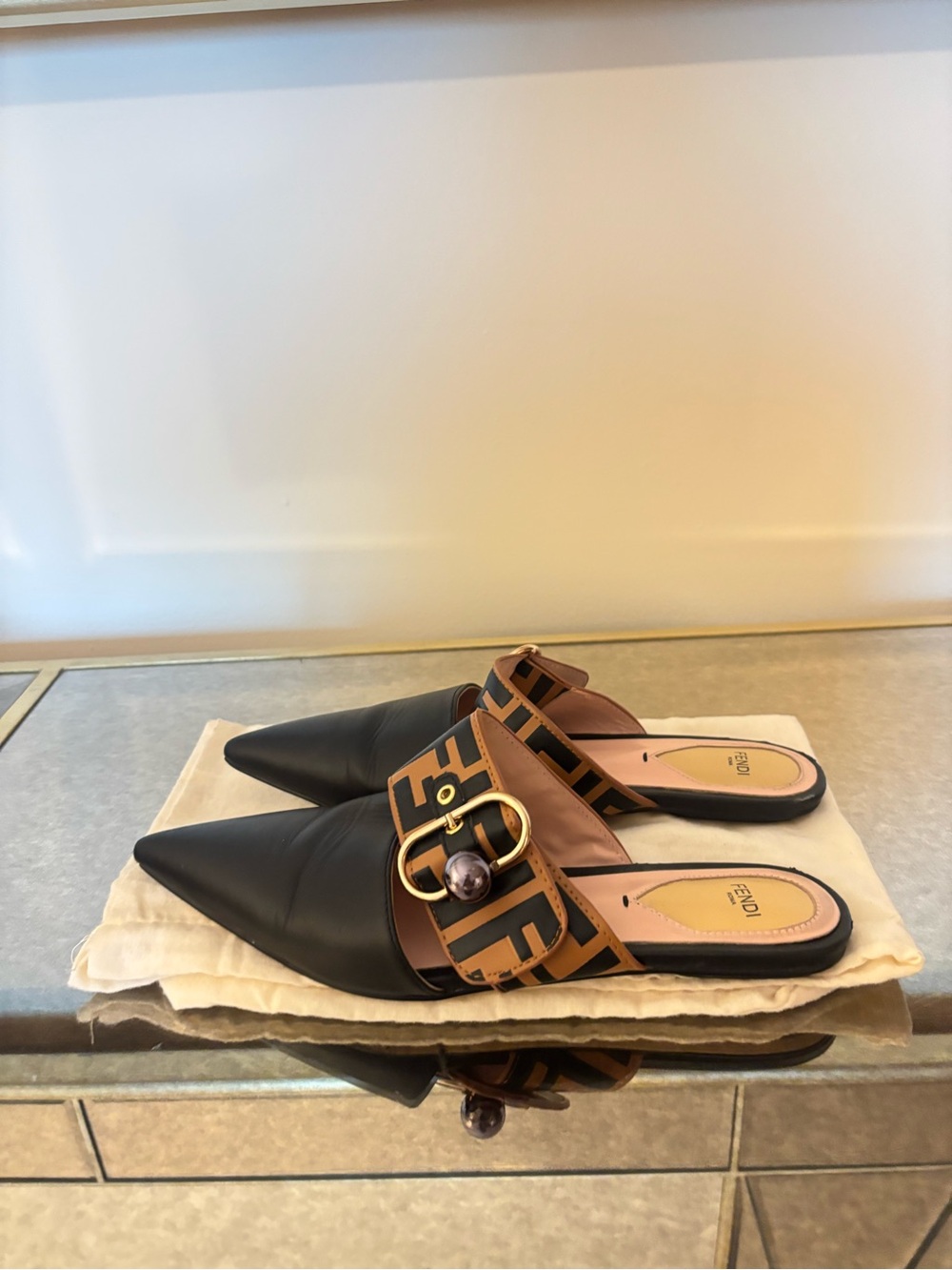 Fendi Black & Brown Leather Logo-Print Pointed Mule